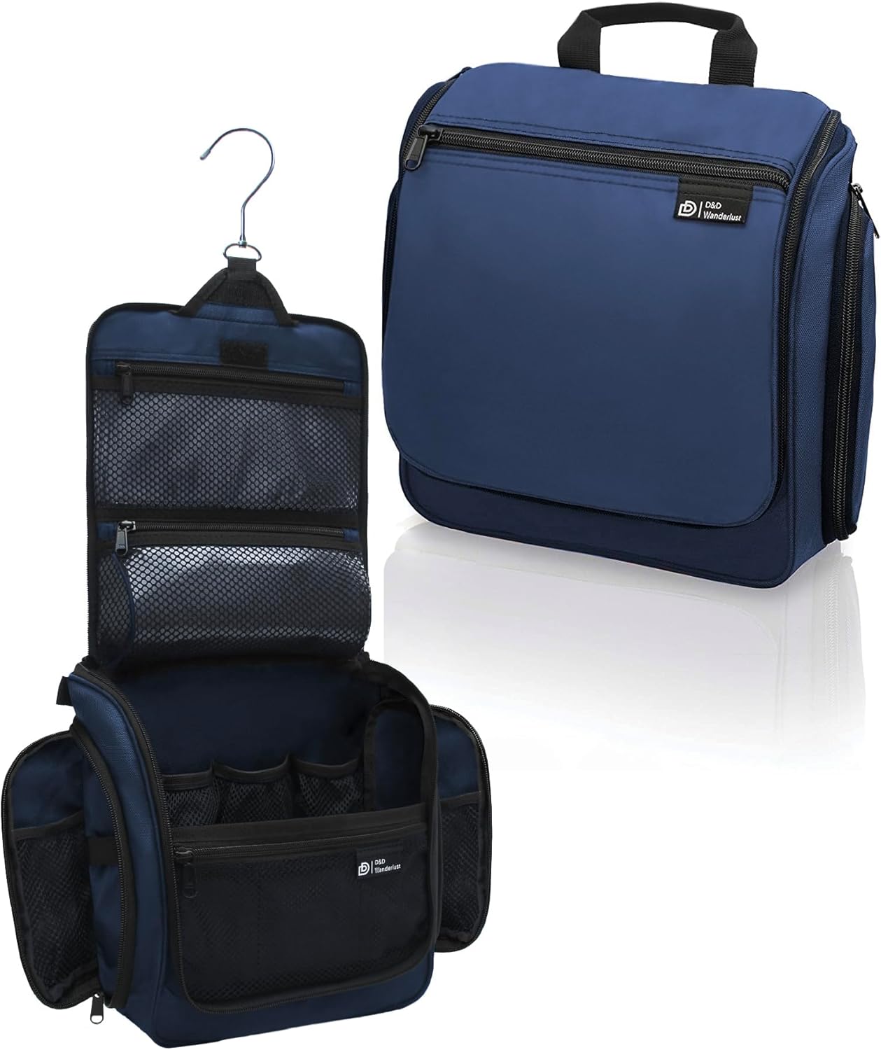 D&D Hanging Travel Toiletry Bag for Men and Women – Extra Large Hanging Shower Bag Toiletries Organizer Kit with 10 Compartments, Quality Zippers, XXL Metal Swivel Hook, Water-Resistant Nylon