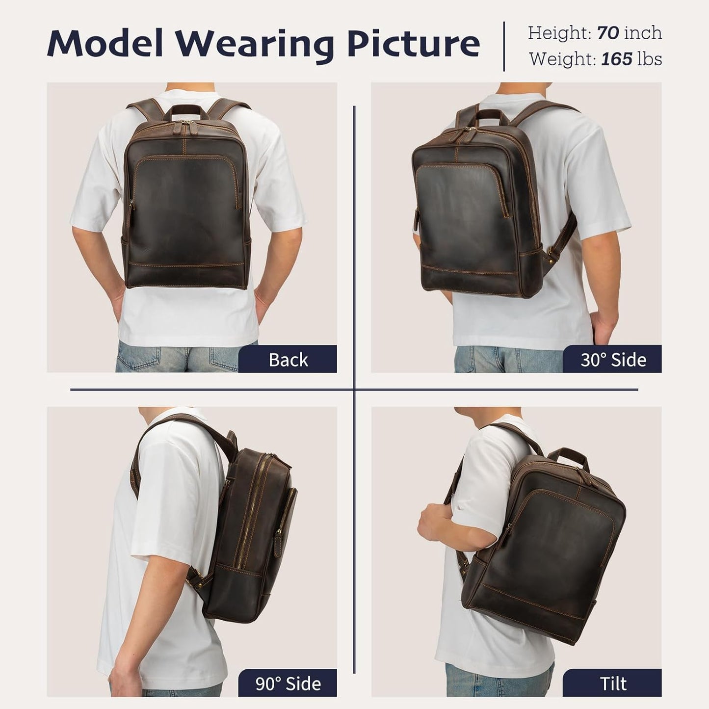 Leather Backpack for Men 15.6" Laptop Backpack 100% Madagascar top-Grain Leather Backpack Dark Brown Medium Size