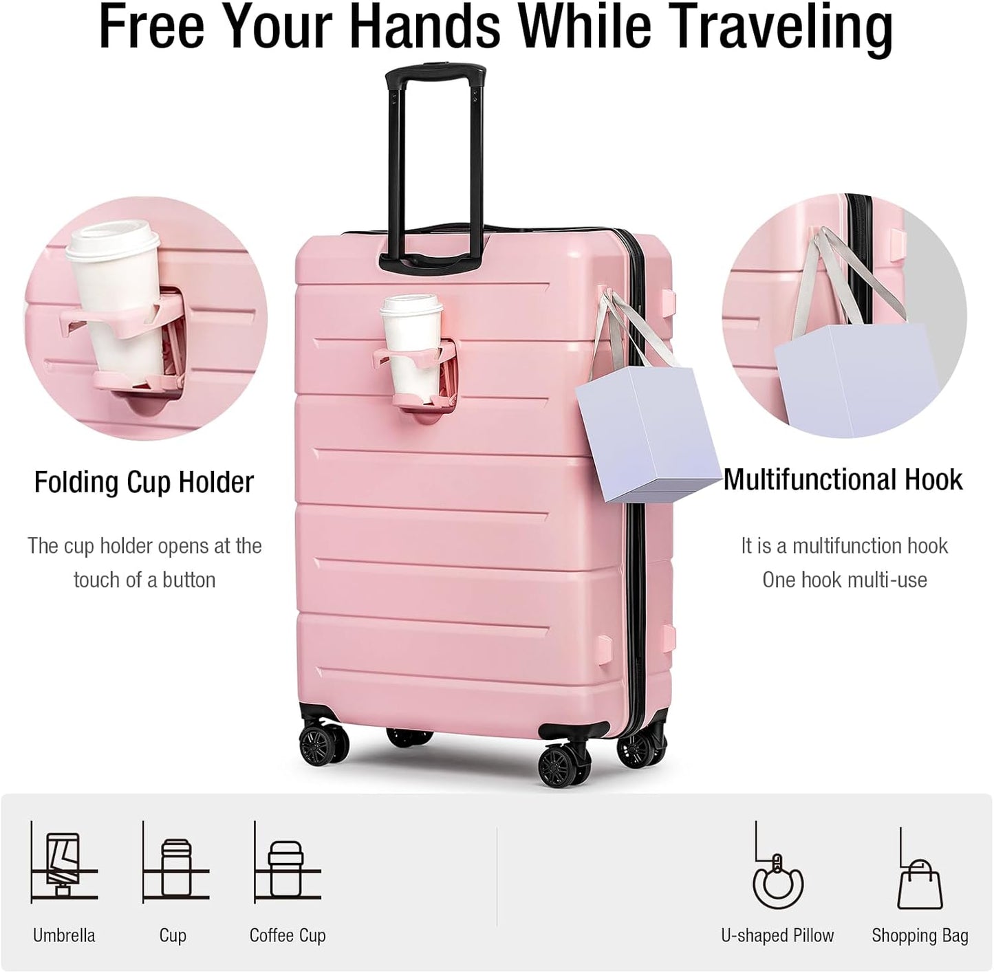 KYME Pink Luggage Sets 3 Piece (22in/26in/30in) Hardshell Suitcases with Spinner Wheels Hardside Suitcase Sets with TSA Lock Travel Rolling Luggage Set for Women Men