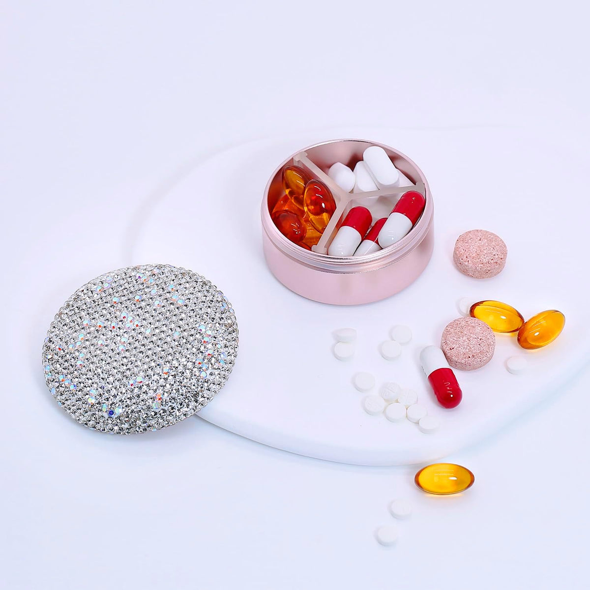 Small Pill Case 3 Compartments, Metal Round Portable Pill Box, Waterproof Travel Pill Organizer, Pocket Purse Medicine Vitamin Holder EDC Container (Rose Gold with Rhinestone)