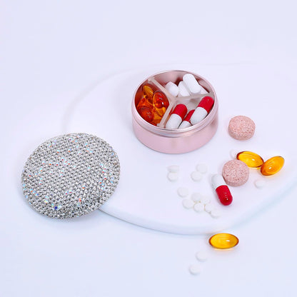 Small Pill Case 3 Compartments, Metal Round Portable Pill Box, Waterproof Travel Pill Organizer, Pocket Purse Medicine Vitamin Holder EDC Container (Rose Gold with Rhinestone)