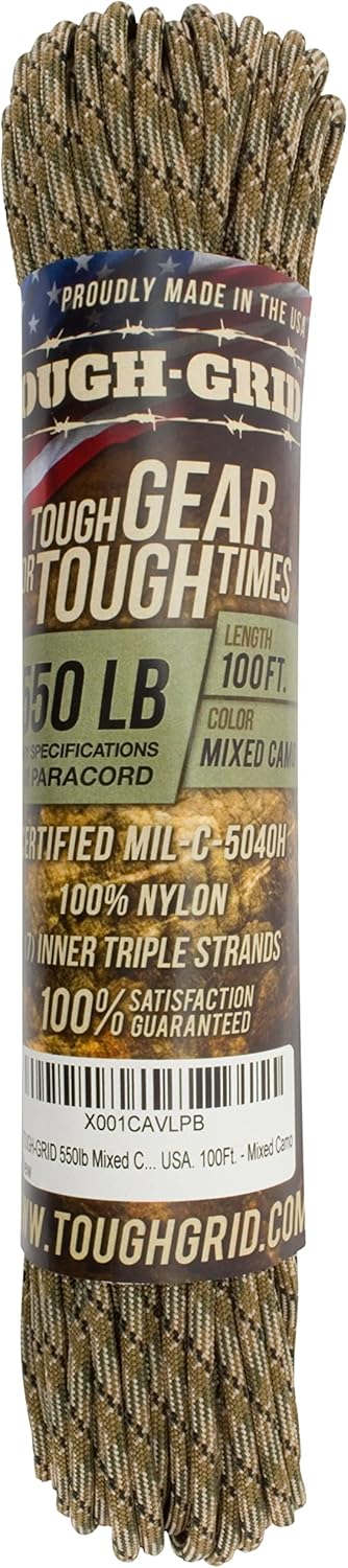 TOUGH-GRID 550 Paracord Rope Nylon Parachute Cord, Made in USA Survival Kit, Outdoor Adventures, Camping, Tactical Gear & Emergency Supplies, Military Type III Mil-Spec