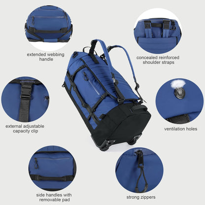 Rolling Duffle Bag with Wheels,86L 30”Folding Duffle Backpack with 2 Wheels,Travel Bag with Separate Shoe Compartment,Dark Blue