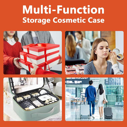 Travel Makeup Bag for Women and Makeup Artists Cosmetic Organizer Large Makeup Case,Travel Makeup Bag with Mirror 3 Color Setting,Portable Storage and Adjustable Dividers(orange)
