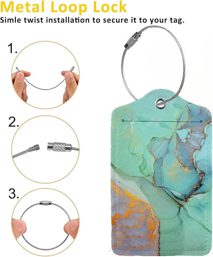 Green Gold Marble 2-Pcs Premium Leather Tags with Privacy Covers,Luggage Tag Stainless Steel Loops Ideal for Suitcases, Travel Bags, Backpacks