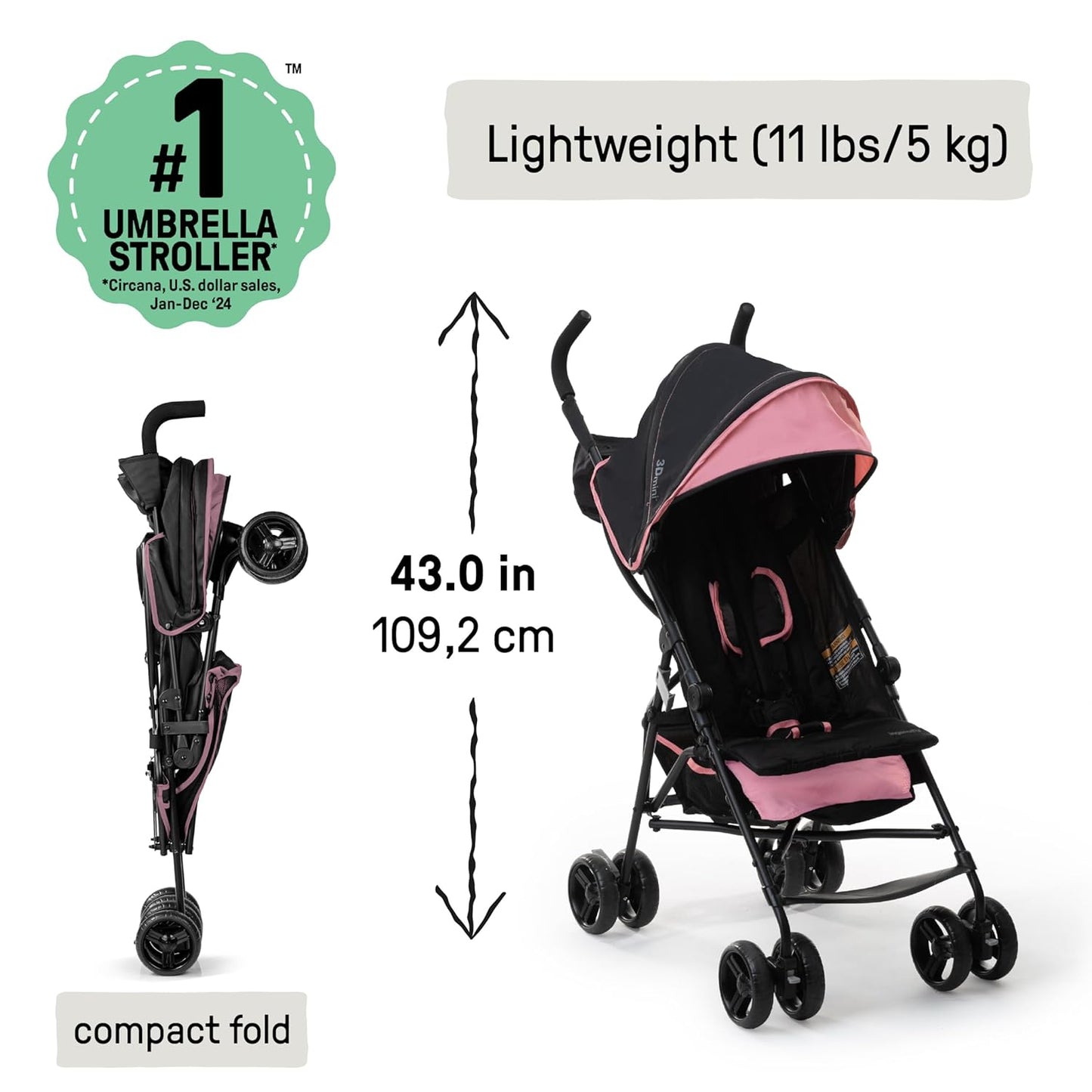 Ingenuity 3D Mini Convenience Stroller – Lightweight Stroller with Compact Fold, Multi-Position Recline, Canopy with Pop Out Sun Visor and More – Umbrella Stroller for Travel, Pink