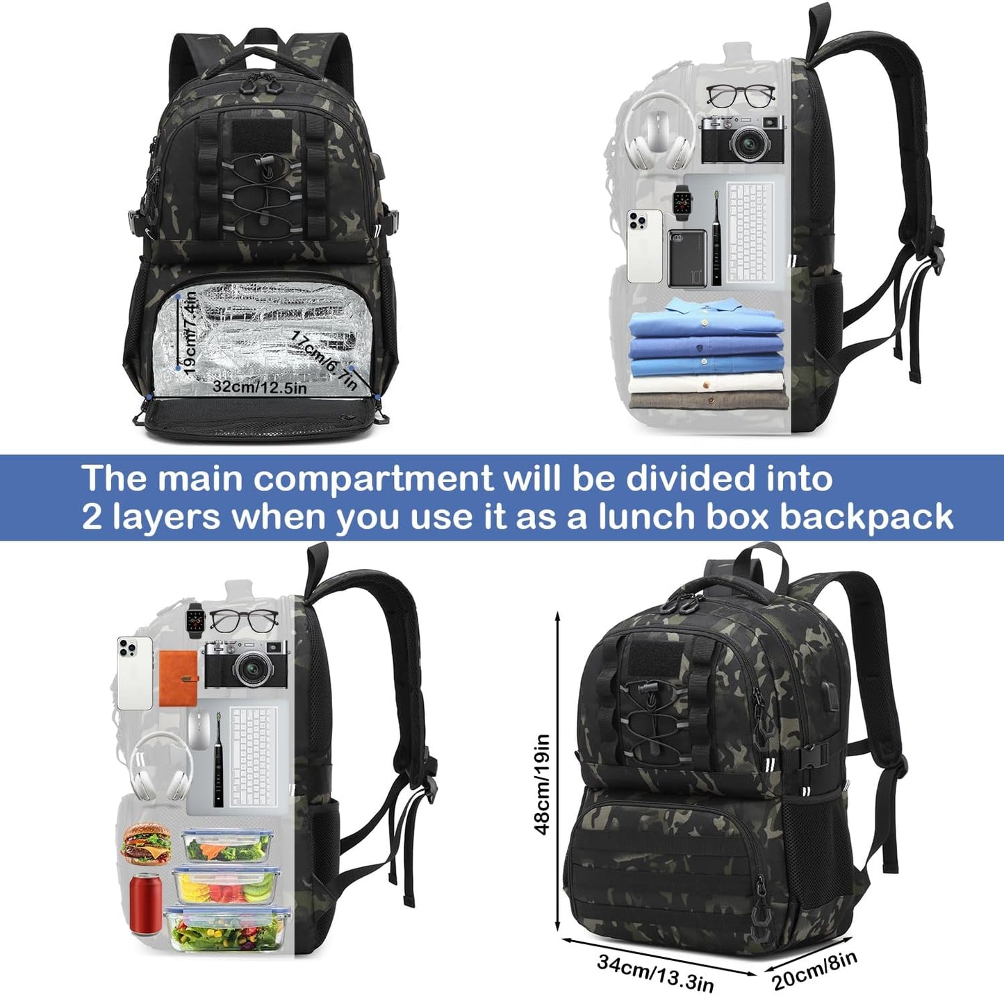 Laptop Lunch Backpack for Men - 40L Large Capacity Work Backpack with Lunch Compartment and USB Post, RFID Insulated Cooler Backpack for Work, Travel, Picnic, Dark Camo