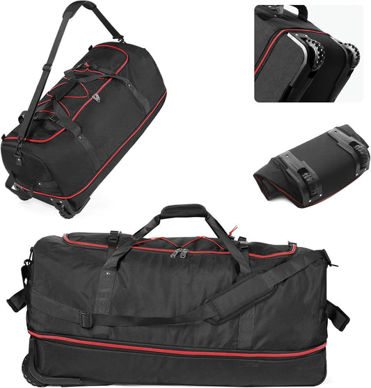 CONTAIL 32" Soft-Sided Rolling Duffle Bag with 2 Wheels,Expandable from 110L to 140L, Foldable Travel Duffel with Multiple Compartments,Black-red