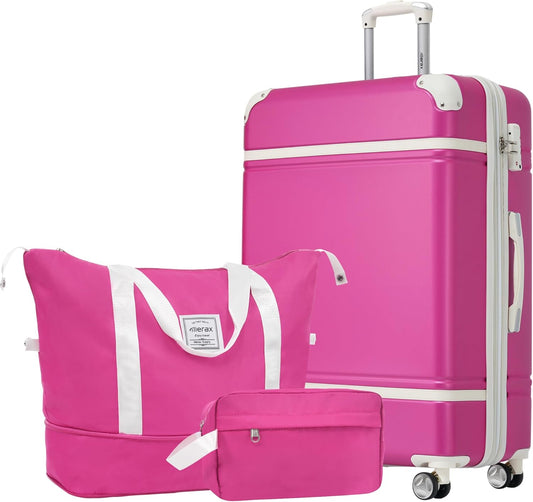 Merax Suitcase Set 24 inches Expandable Luggage with TSA Lock Spinner Wheels Hardshell Lightweight Vintage Luggage with Travel Bag,Pink