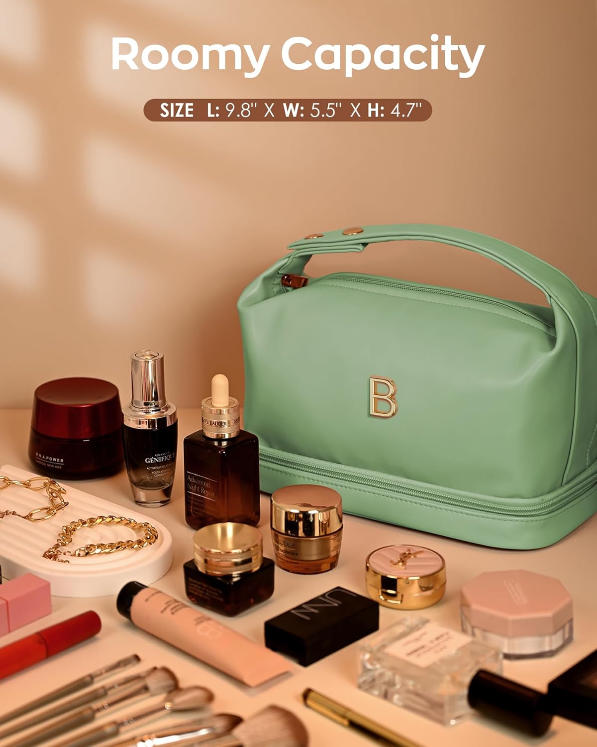Makeup Bag For Teens 16-18, Personalized Makeup Bag with Handle, Initial Double Layer Cosmetic Bag with Makeup Brush Organizer,Birthday Gift Gifts for 11 12 13 14 15 16 17 18 19 Year Old