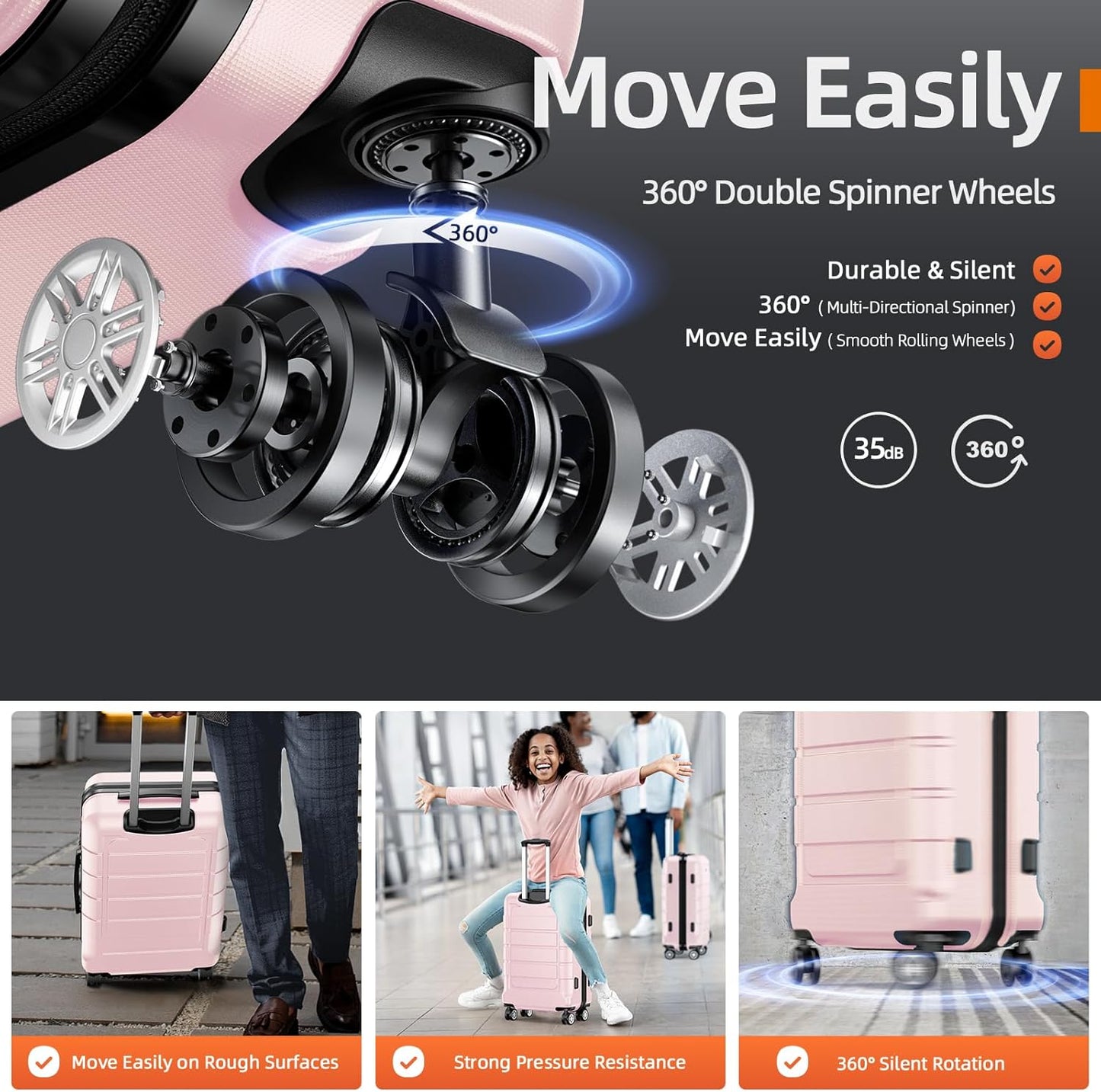 SHOWKOO Luggage Sets Expandable PC+ABS Durable Suitcase Sets Double Wheels TSA Lock Pink 3pcs