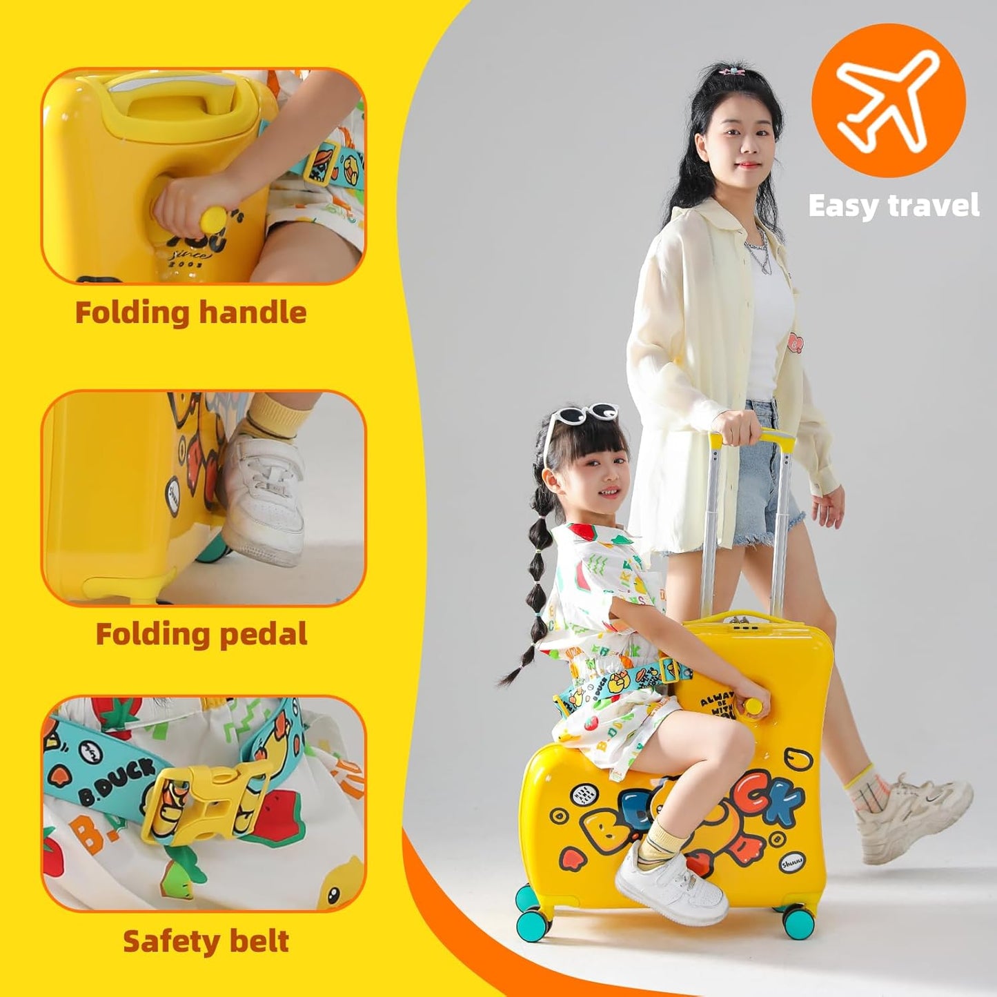 Kids' Lightweight Ride on Luggage with Spinner Wheels & Foldabe Design (Yellow Green Mint, 24"+ Aged 3-12 Toddler)