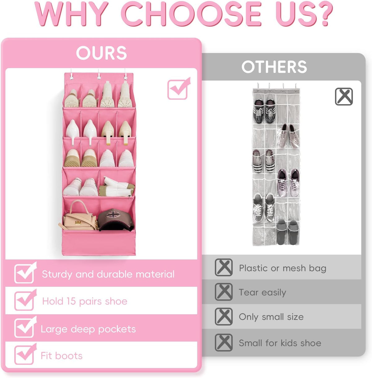 FENTEC 1 Pack Over-the-Door-Shoe-Organizers, Hanging Shoe Organizers with Large Pocket Shoe Holder Hanging Shoe Rack for Closet Shoe Organizer for Wall, Over Door Organizer with 15 Pockets Pink