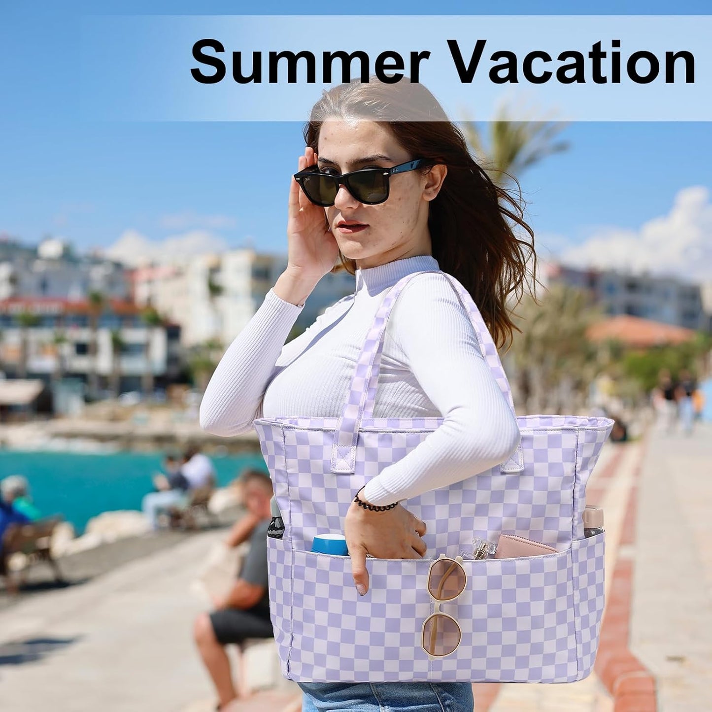 LEDAOU Large Beach Tote Bag Women Waterproof Sandproof Zipper Beach Tote Bag for Pool Gym Grocery Travel with Wet Pocket