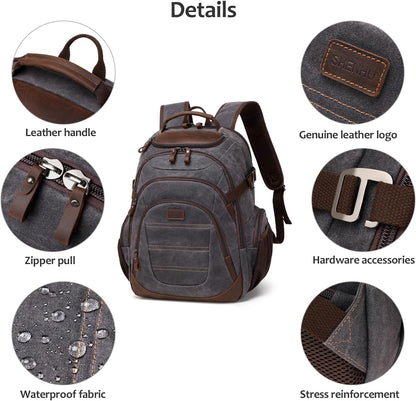 Travel Laptop Backpack 17.3 inch XL Computer Backpack for Men Waxed Canvas College Daypack Business Backpack Black Gray