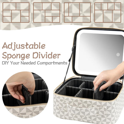 Makeup Travel Train Case with Mirror LED Light 3 Adjustable Brightness Large Cosmetic Bag Portable Storage Adjustable Partition Waterproof Makeup Brushes Make up Jewelry Gift for Women