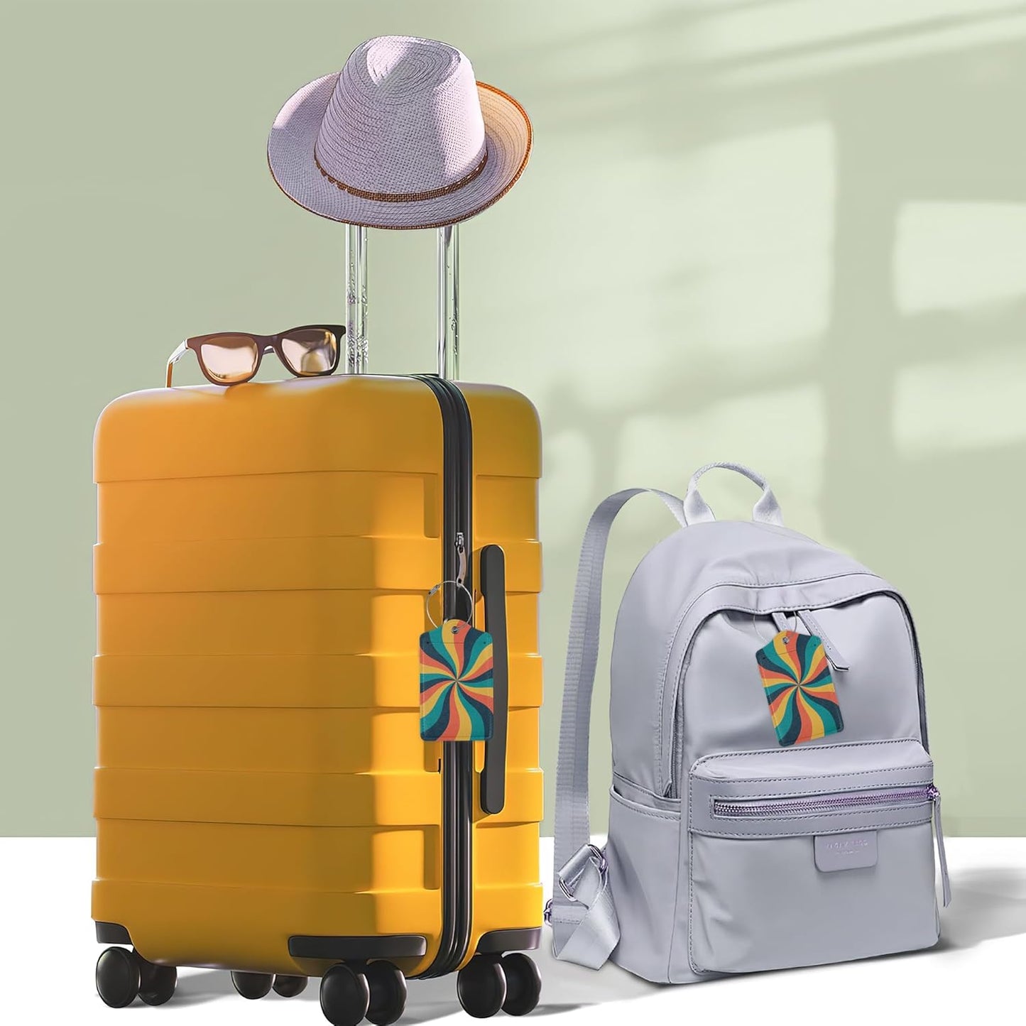 2 Pcs 70s Retro Wavy Luggage Tags,Cruise Vintage Twisted Ray Luggage Tag with Privacy Flap,Name Id Label and Steel Loop for Women Men Travel Bag Suitcase