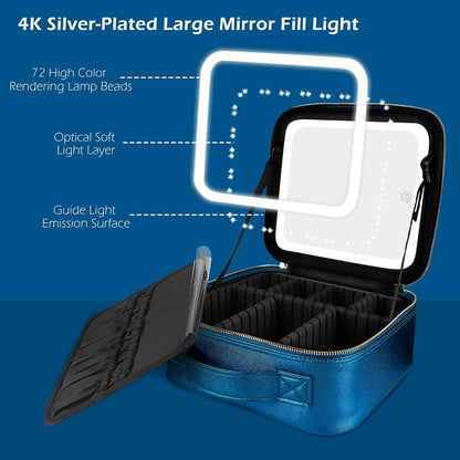 MOMIRA Travel Makeup Bag Cosmetic Bag Makeup Organizer Bag with Lighted Mirror, Adjustable Brightness in 3 Color Scenarios, Waterproof Makeup Train Case, Gift for Women - Phantom Blue