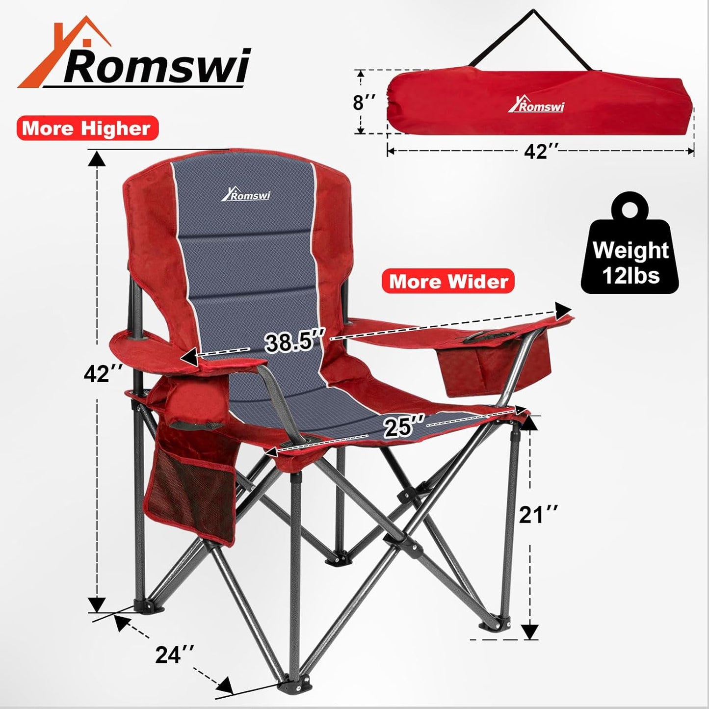Romswi Oversized Camping Chairs,Heavy Duty Support 500 LBS,Padded Back & Arm Sport Chairs, Cup Holder Cooler Bag, Collapsible Folding Chairs for Outdoor, Fishing & Garden, Red,2-Pack