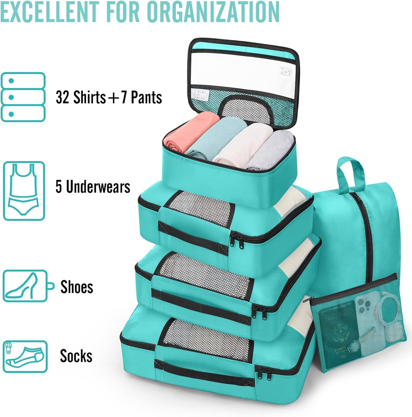 Veken 8 Set Packing Cubes for Kids & Toddler, Airplane Travel Essentials, Beach Vacation & Road Trip Suitcase Organizer Bags Set for Luggage, with Hanging Toiletry & Shoe Bag