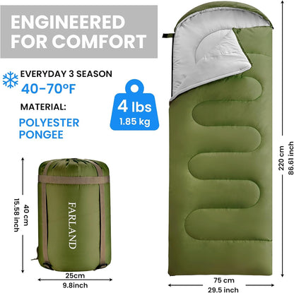 FARLAND Sleeping Bags 30℉ for Adults Teens Kids with Compression Sack Portable and Lightweight for 3-4 Season Camping, Hiking,Waterproof, Backpacking and Outdoors