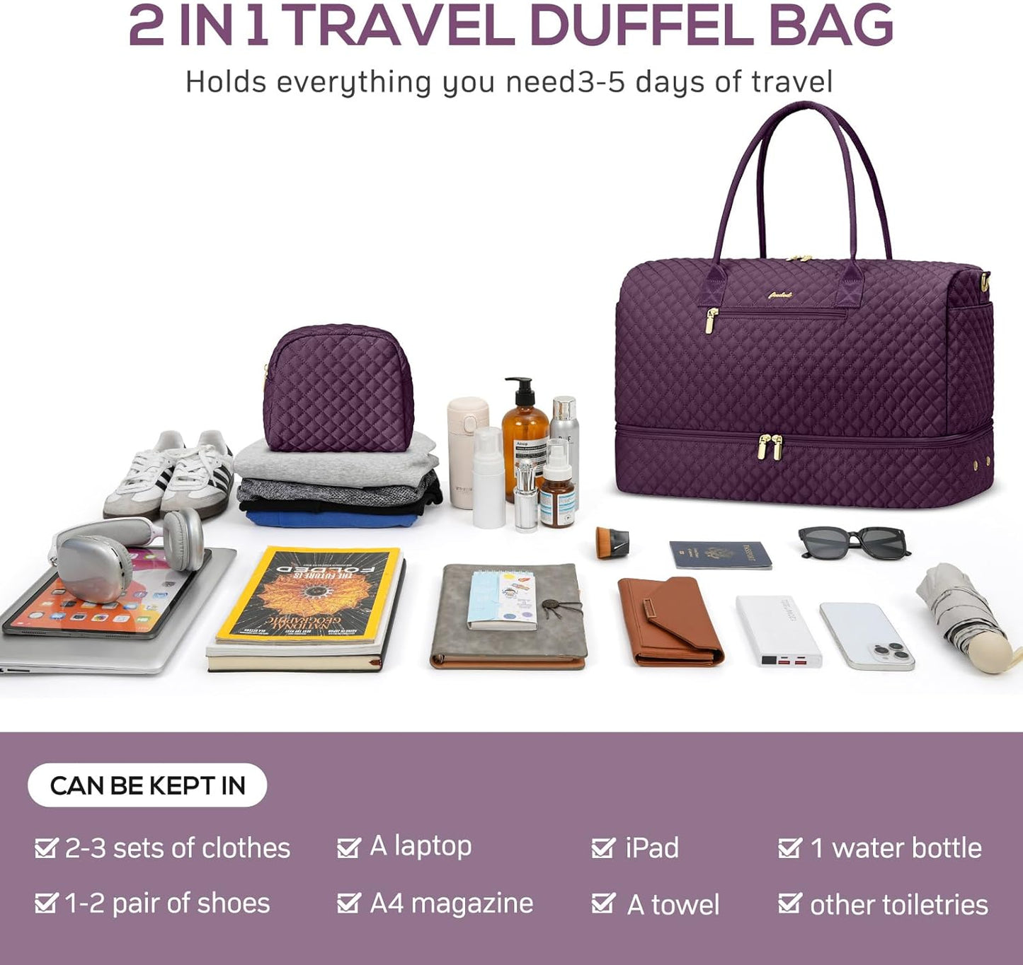 Travel Duffle Weekender Bags for Women - Carry on Overnight with Shoe Compartmen Duffle Bag Hospital Bag Dark Purple