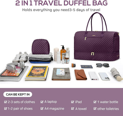 Travel Duffle Weekender Bags for Women - Carry on Overnight with Shoe Compartmen Duffle Bag Hospital Bag Dark Purple