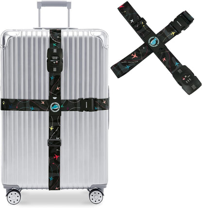 Travelkin Luggage Straps TSA Approved - Adjustable Cross Suitcase Straps with TSA Lock, Reinforced Buckle, Unique Pattern - Secure Heavy Duty Luggage Straps for Travel (Air Line Black)