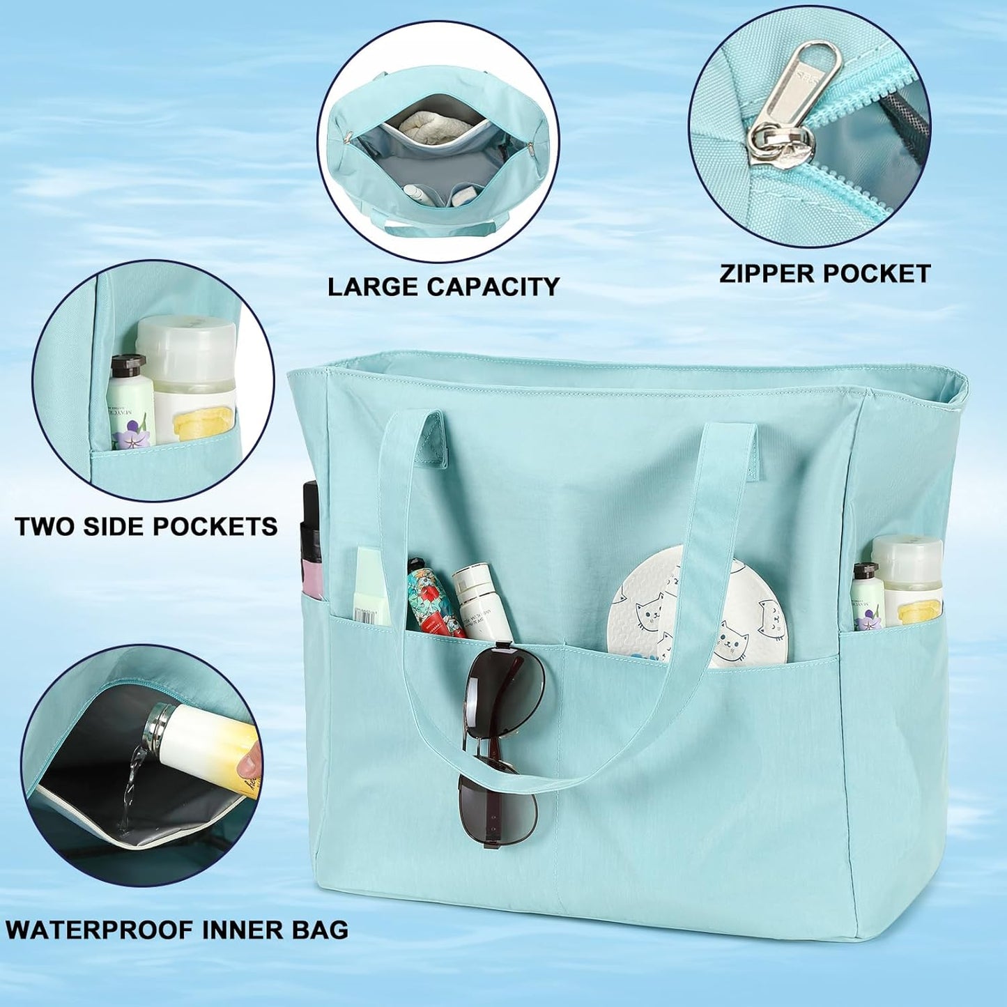 LEDAOU Beach Bag Waterproof Sandproof Women Tote Bag Pool Bag with Zipper for Gym Grocery Travel with Wet Pocket