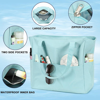 LEDAOU Beach Bag Waterproof Sandproof Women Tote Bag Pool Bag with Zipper for Gym Grocery Travel with Wet Pocket