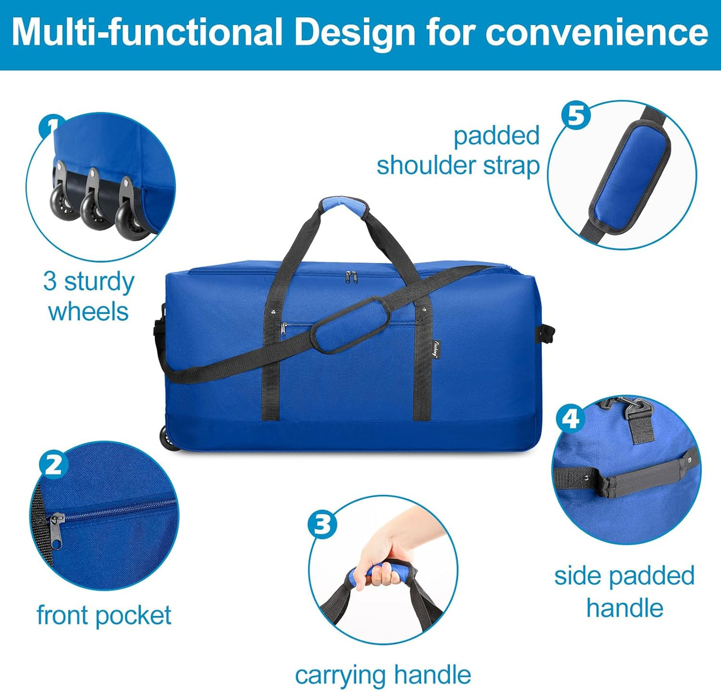 Finnhomy 120L Foldable Rolling Duffel Bag with 3 Wheels, Light Weight Travel Duffel bag with Large Loading Capacity, 32 inch Rolling Duffel bag with Shoulder Strap for Travel Camping Sports