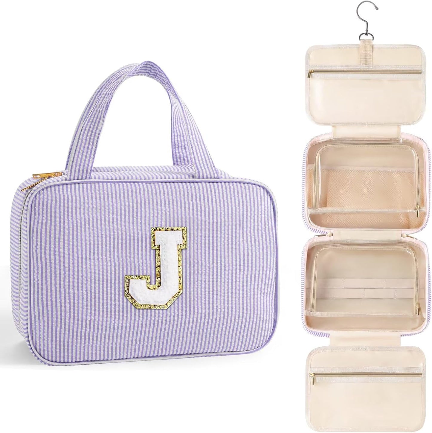 TOPEAST Travel Toiletry Bag Makeup Bag - Hanging Toiletry Bag for Women, Portable Toiletries Travel Bag and Cosmetic Bag, Airplane Travel Essentials Travel Toiletry Bag - Letter J, Purple