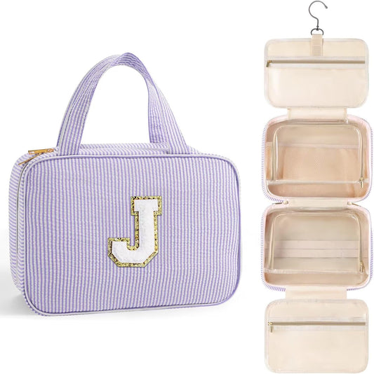 TOPEAST Travel Toiletry Bag Makeup Bag - Hanging Toiletry Bag for Women, Portable Toiletries Travel Bag and Cosmetic Bag, Airplane Travel Essentials Travel Toiletry Bag - Letter J, Purple