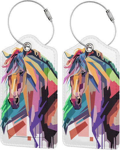 Horse Luggage Tags Set of 2 Suitcases Tags, Leather Bag Tags Artistic Animals Pattern Backpack Travel Bag, Cool Name Labels Identifiers Baggage Tags Women Girls Men Boys, 4.6 x 2.7 In