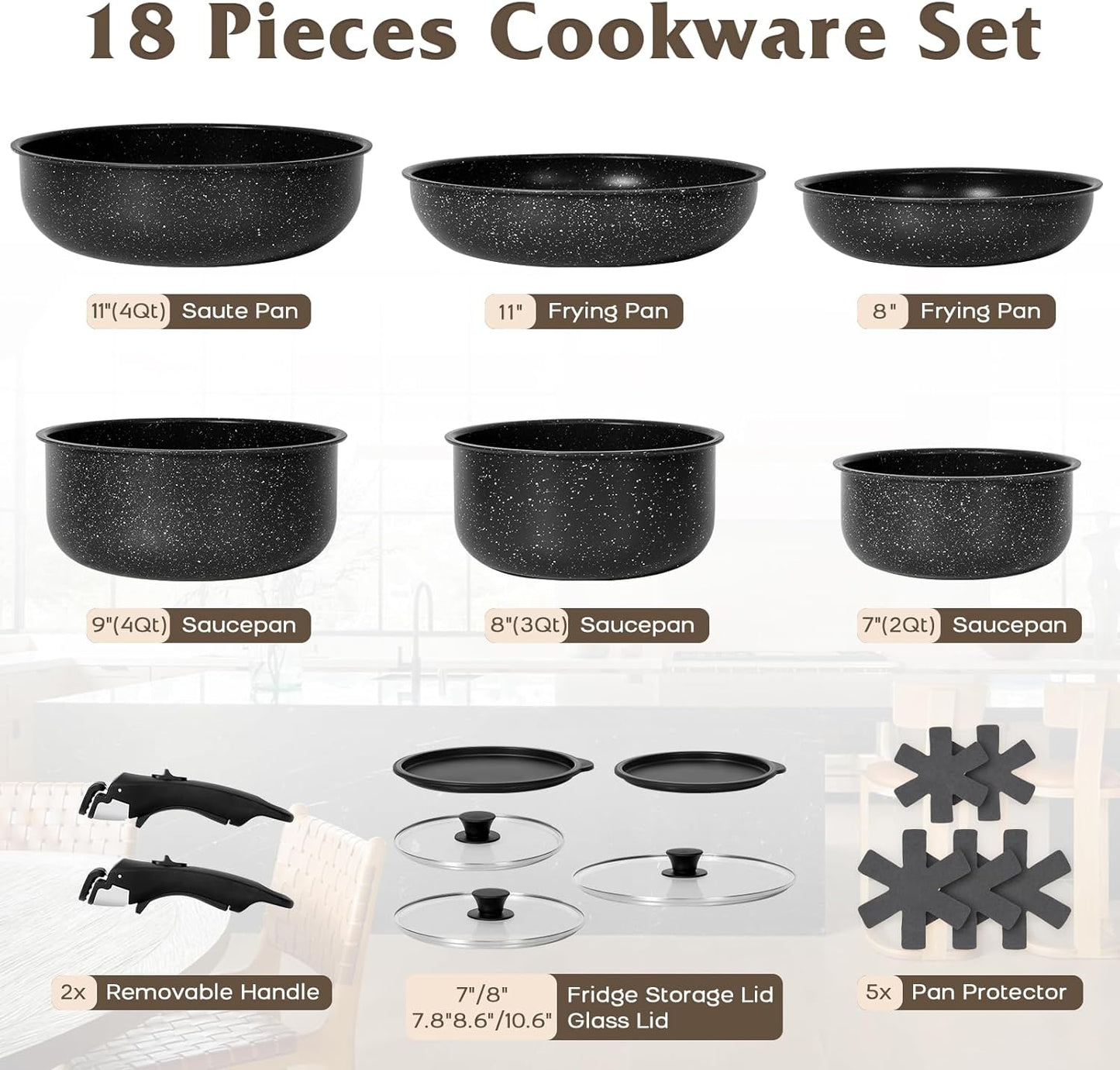 17 Pcs Pots and Pans Set Non Stick, Cookware Sets with Detachable Handle, Nonstick RV Kitchen Cooking Tools Removable Handles, Oven Safe, Induction Fast, Stackable Induction Cookware, Black