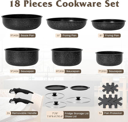 17 Pcs Pots and Pans Set Non Stick, Cookware Sets with Detachable Handle, Nonstick RV Kitchen Cooking Tools Removable Handles, Oven Safe, Induction Fast, Stackable Induction Cookware, Black