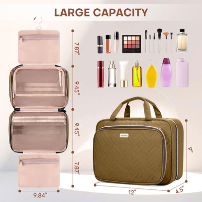 Toiletry Bag for Women with Jewelry Organizer Compartment, Travel Makeup Cosmetic Bag with Hanging Hook for Full-sized Toiletries, Shampoo - Brown