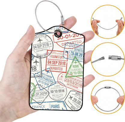 Luggage Tags for Suitcases, 2-Pack PU Leather for Cruise & Travel, Baggage ID Tags with Privacy Cover & Address Card, Durable Metal Ring, Kids Adults Travel Accessories, Global Stamps