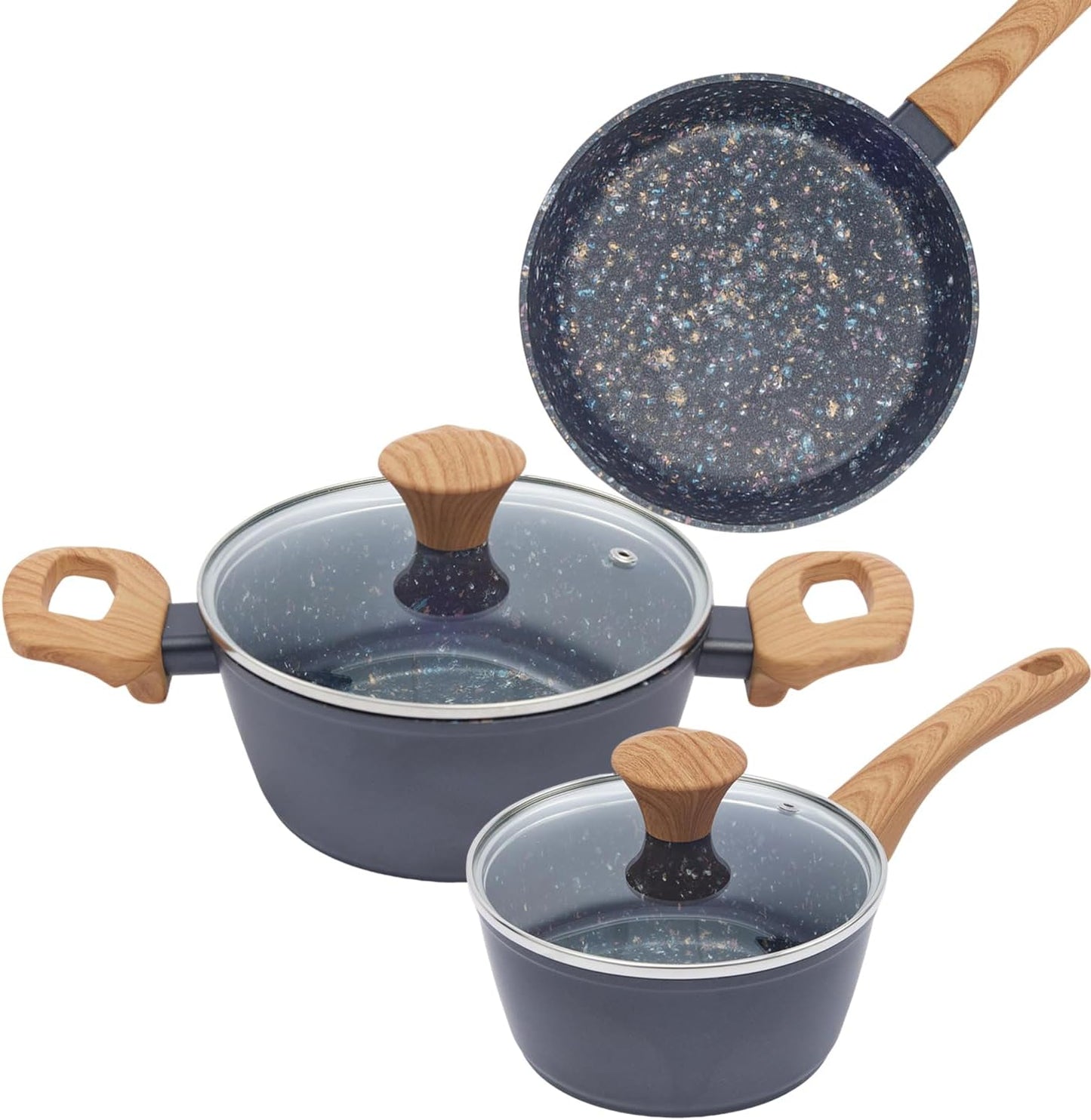 3-Piece Nonstick Pots and Pans Set with Lids, Includes 8.5 Inch Frying Pan 1.5Qt Saucepan and 2.2Qt Stock Pot, PFOA Free Dishwasher Safe Induction Compatible Family Cookware, Black