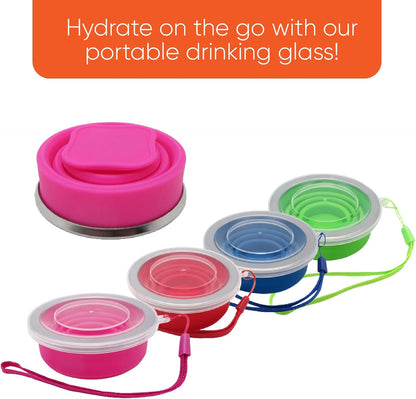 Collapsible Drinking Cup (Pack of 4) - Reusable Travel Mug - Silicone Drinking Glass for Hiking, Picnic, Camping & More - Small Portable cup for Outdoors - Folding Cups with Lids