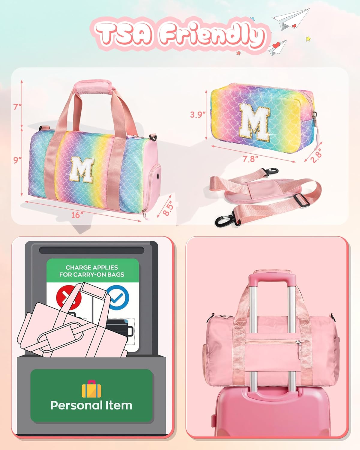 Graduation Gifts for Girls-Girl Gym Bag with Shoe Compartment, Kid Personalized Weekender Overnight Bags, Initial Travel Tote with Makeup Pouch, Gift Ideas for Niece Sister (Letter W)