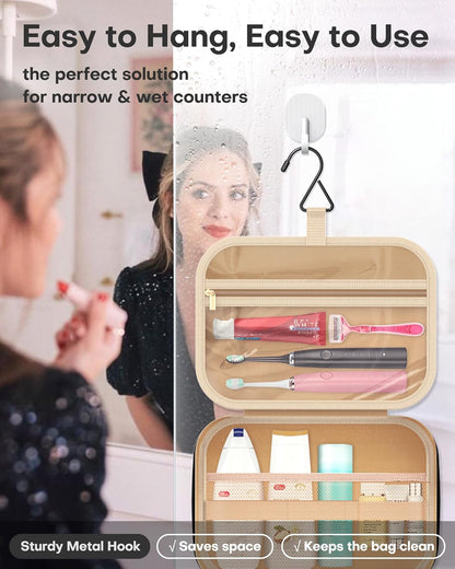 HOTOR Travel Toiletry Bag for Women & Men, Waterproof Makeup Bag with Hanging Hook and Multiple Pockets, Cosmetic Bags for Women, Travel Essentials, 12.6'' x 4.3'' x 9.9'', Rosewood-Pink