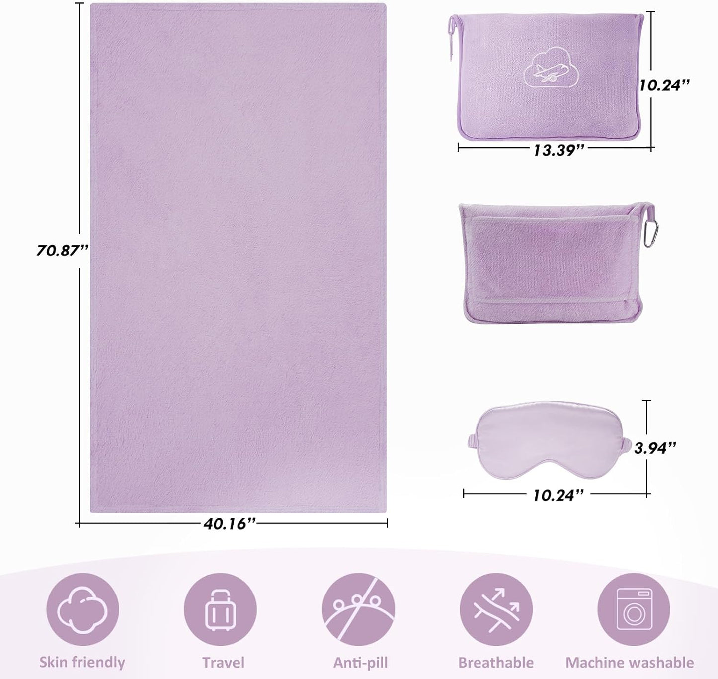 Travel Blanket, 3-in-1 Ultra-Soft, Warm & Lightweight Travel Blanket Airplane with Bag, 65x40 in, Airplane Travel Essentials for Women, Men & Kids with Eye Mask, Luggage Sleeve & Backpack Clip