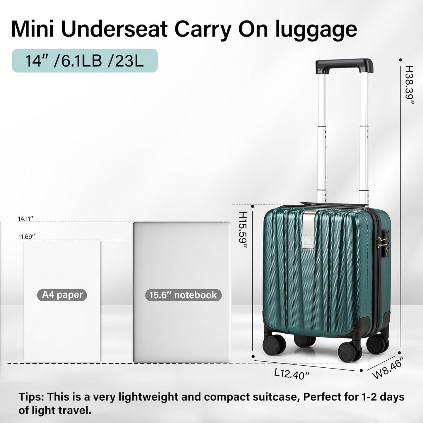 Hanke 14 Inch Underseat Carry On Luggage with Wheels Hard Shell Suitcases Lightweight Small Luggage for Weekender Mini Suitcase Carry On Bag Travel Luggage for Travel Rolling Suitcase.(Blackish Green)