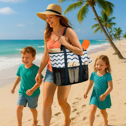 Beach Bag with Zipper - 8 Pockets Sandproof Beach Tote Bag for Women,Foldable Lightweight Family Swim Bag Vacation