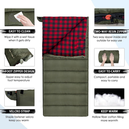 0 Degree Sleeping Bag Cotton Flannel Winter Cold Weather for Adults XXL Sleeping Bag 4 Season Big and Tall with Pillow Compression Sack