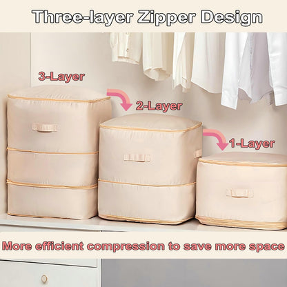 Ultra Space Saving Self Compression Organizer, 2025 New 3-Layer Zipper Large Capacity Storage Bag, Thick Satin Fabric Heavy Duty Bags for Comforters Blankets Bedding Duvet (Beige, X-Large, 21x17x24in)