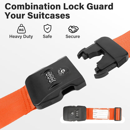 Luggage Straps, Orange TSA Approved Luggage Strap Belt with Combination Lock for Suitcases, 2 Pack Adjustable Heavy Duty Cross Suitcase Straps with Name Tags for Travel, Carry On Bags, Protect Luggage