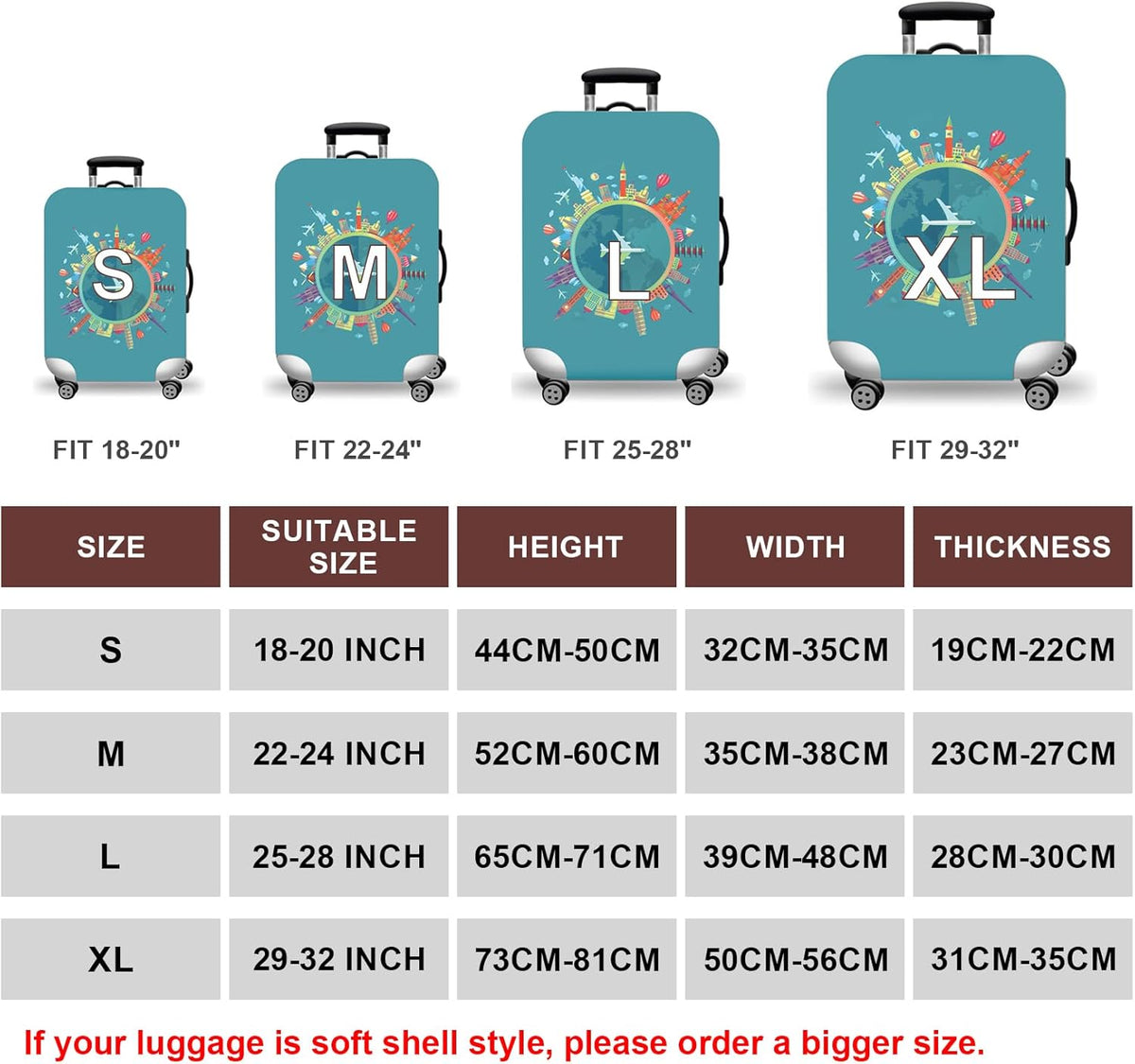 WUJIAONIAO Travel Luggage Cover Baggage Suitcase Cover Protector Skins 18-32 Inch (A15 Go Travel, S (for 18-20 inch luggage))