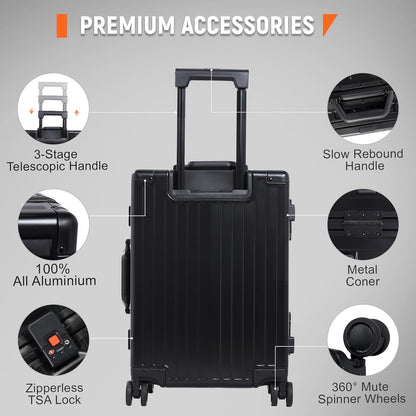 UrbanExplorer All Aluminum Carry On Luggage 22x14x9 Airline Approved Heavy Duty Hard Shell Suitcases Zipperless Suitcase with TSA Lock, Black, 20 Inch